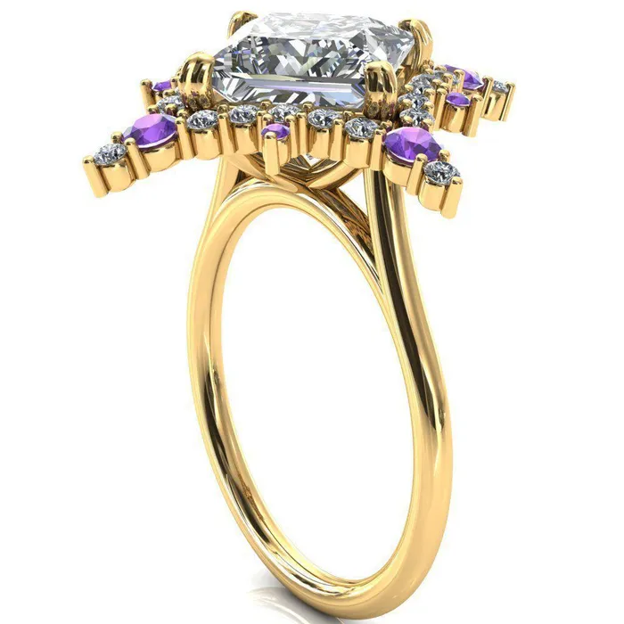 Fire Brilliance Thalim PrincessSquare Moissanite 4Point Star Amethyst and Diamond Halo Ring Rings