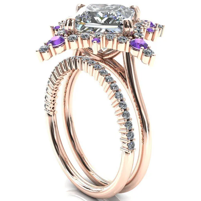 Fire Brilliance Thalim PrincessSquare Moissanite 4Point Star Amethyst and Diamond Halo Ring Rings