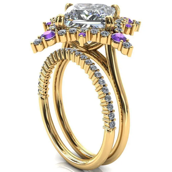 Fire Brilliance Thalim PrincessSquare Moissanite 4Point Star Amethyst and Diamond Halo Ring Rings
