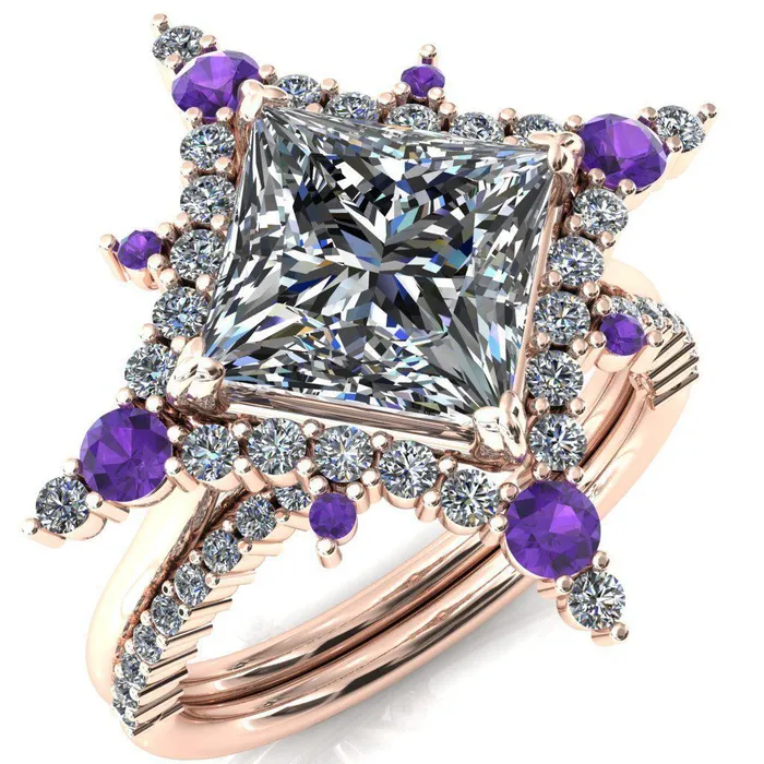 Fire Brilliance Thalim PrincessSquare Moissanite 4Point Star Amethyst and Diamond Halo Ring Rings