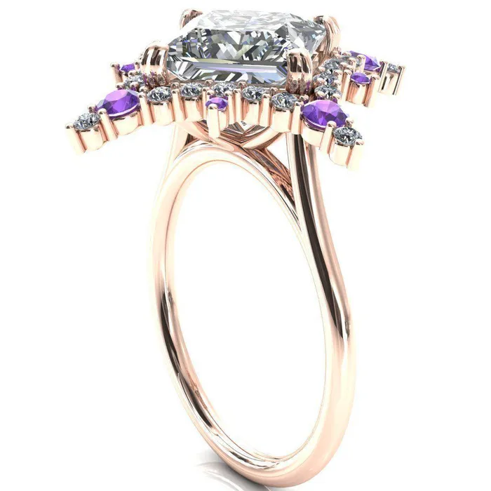 Fire Brilliance Thalim PrincessSquare Moissanite 4Point Star Amethyst and Diamond Halo Ring Rings