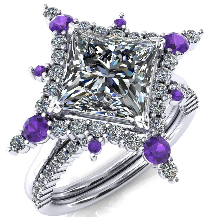 Fire Brilliance Thalim PrincessSquare Moissanite 4Point Star Amethyst and Diamond Halo Ring Rings