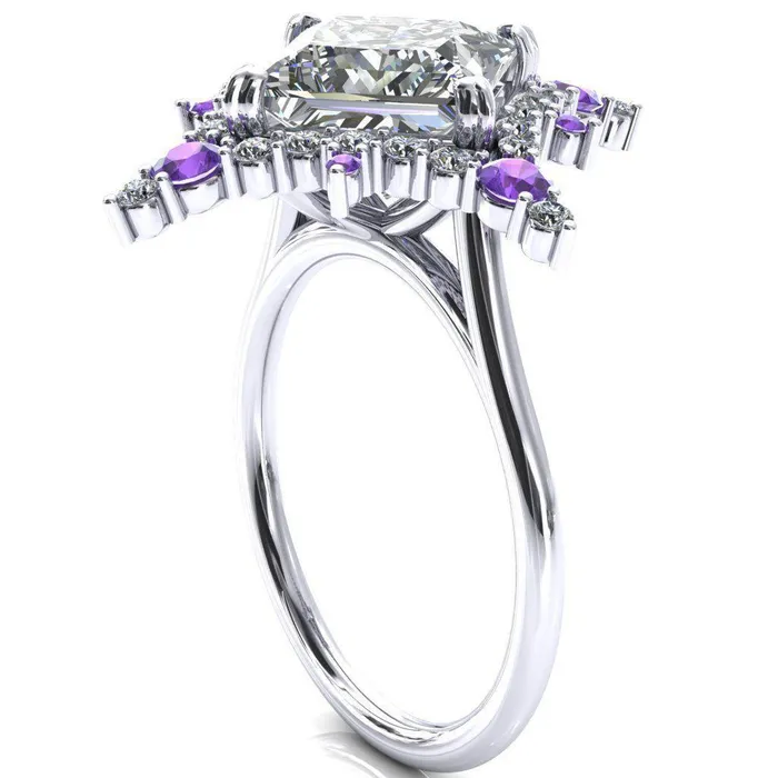 Fire Brilliance Thalim PrincessSquare Moissanite 4Point Star Amethyst and Diamond Halo Ring Rings