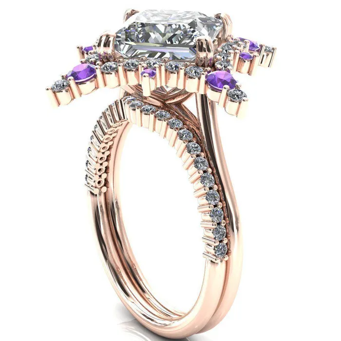Fire Brilliance Thalim PrincessSquare Moissanite 4Point Star Amethyst and Diamond Halo Ring Rings