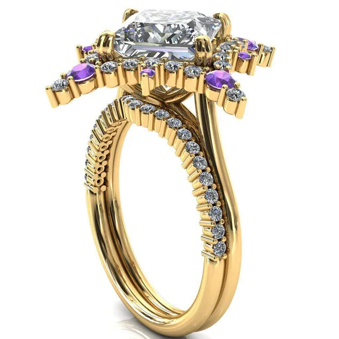 Fire Brilliance Thalim PrincessSquare Moissanite 4Point Star Amethyst and Diamond Halo Ring Rings