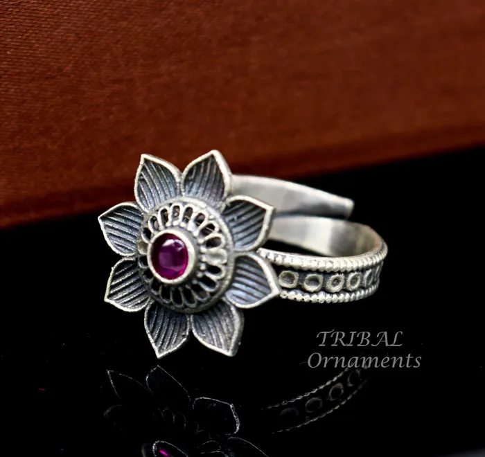 floral design 925 sterling solid silver fabulous craftsmanship vintage design tribal adjustable ring band for women Rajasthan India SR333 TRIBAL ORNAMENTS Rings