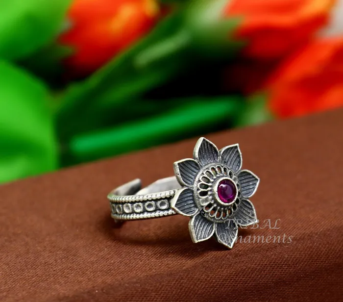 floral design 925 sterling solid silver fabulous craftsmanship vintage design tribal adjustable ring band for women Rajasthan India SR333 TRIBAL ORNAMENTS Rings