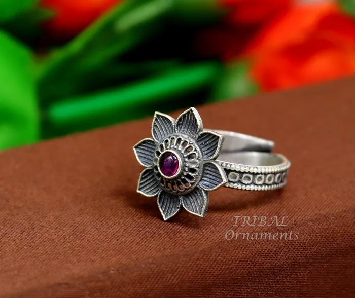 floral design 925 sterling solid silver fabulous craftsmanship vintage design tribal adjustable ring band for women Rajasthan India SR333 TRIBAL ORNAMENTS Rings
