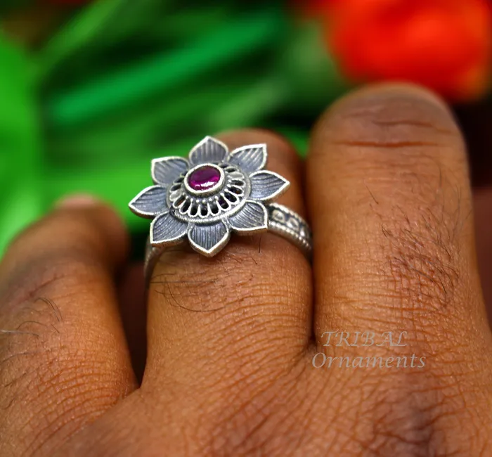floral design 925 sterling solid silver fabulous craftsmanship vintage design tribal adjustable ring band for women Rajasthan India SR333 TRIBAL ORNAMENTS Rings