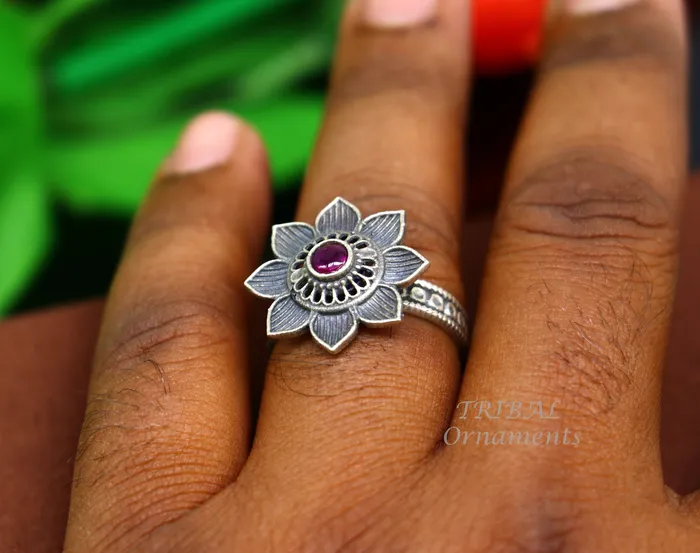 floral design 925 sterling solid silver fabulous craftsmanship vintage design tribal adjustable ring band for women Rajasthan India SR333 TRIBAL ORNAMENTS Rings