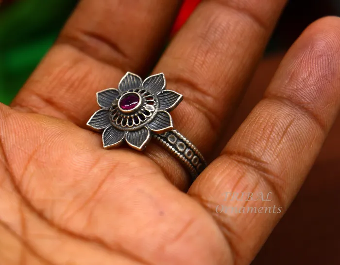 floral design 925 sterling solid silver fabulous craftsmanship vintage design tribal adjustable ring band for women Rajasthan India SR333 TRIBAL ORNAMENTS Rings