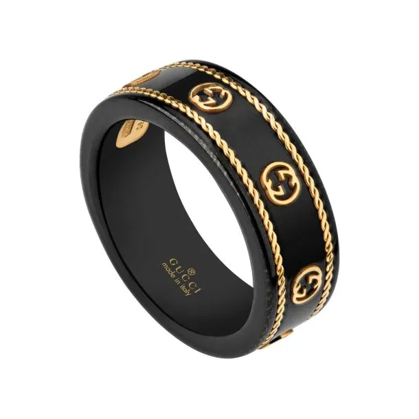 Gucci Interlocking G Black Synthetic Corundum and Yellow Gold Band Rings