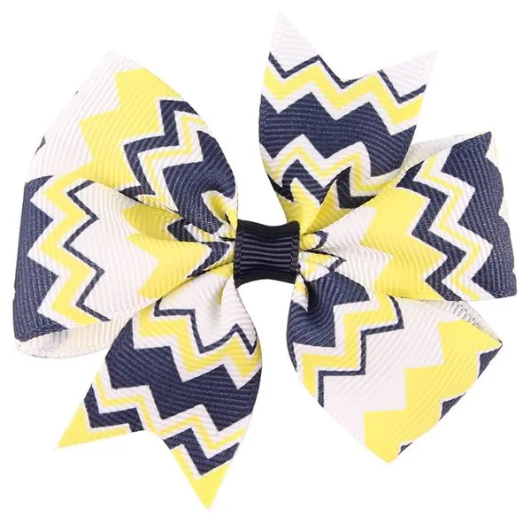 H614 Small Navy Blue Yellow Zig Zag Pattern Bow Hair Clip 01 Rings