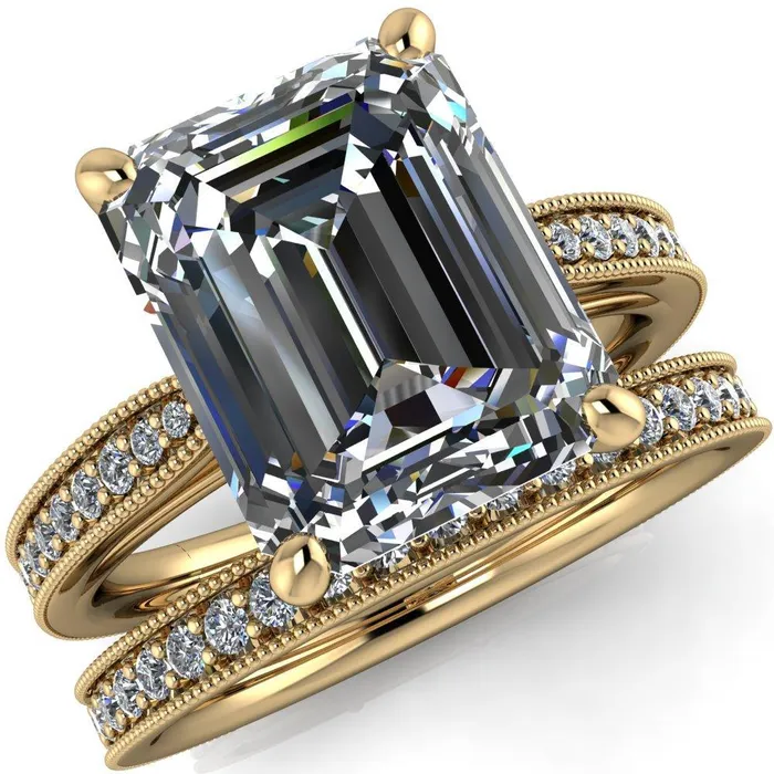 Hathaway Emerald Center Stone 4 Prong Milgrain Cathedral Engagement Ring Fire Brilliance Rings