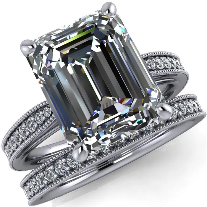 Hathaway Emerald Center Stone 4 Prong Milgrain Cathedral Engagement Ring Fire Brilliance Rings