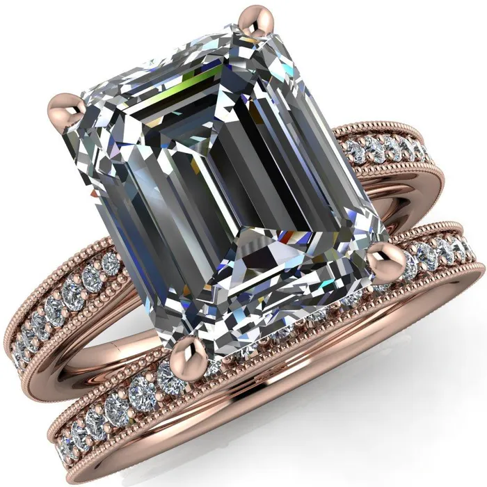 Hathaway Emerald Center Stone 4 Prong Milgrain Cathedral Engagement Ring Fire Brilliance Rings