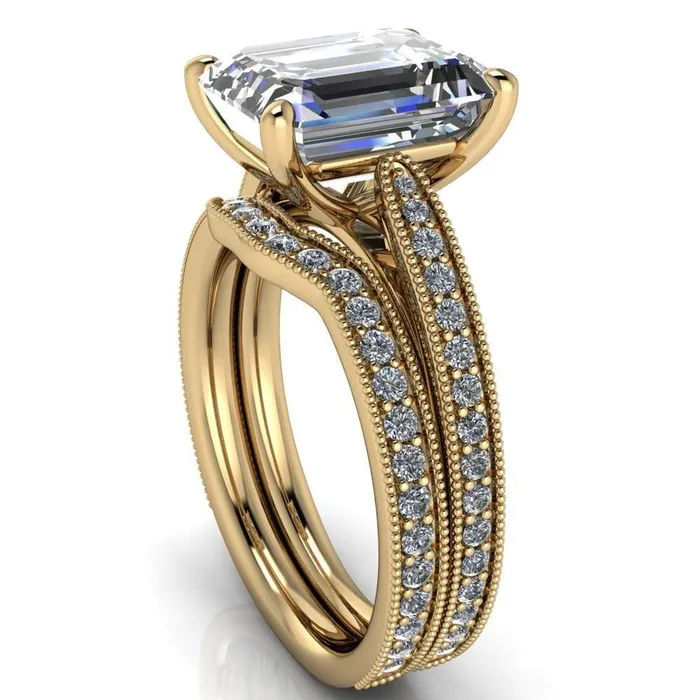 Hathaway Emerald Center Stone 4 Prong Milgrain Cathedral Engagement Ring Fire Brilliance Rings