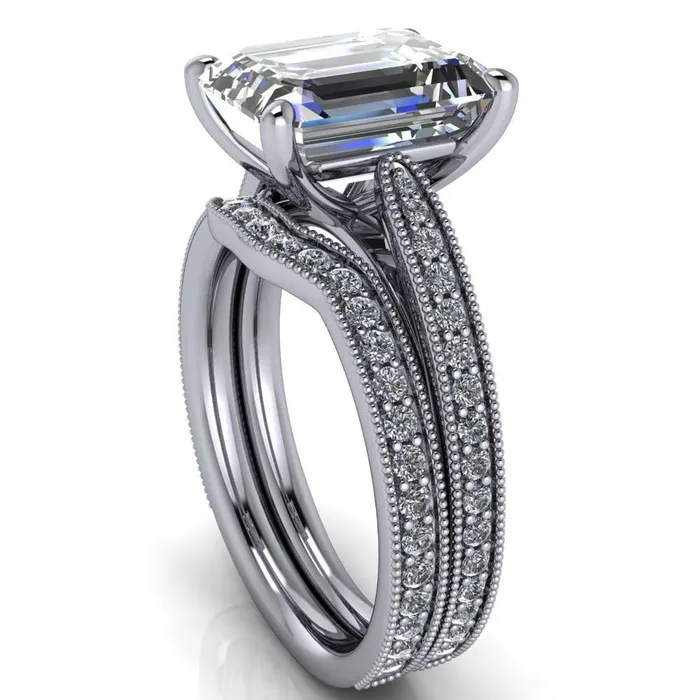 Hathaway Emerald Center Stone 4 Prong Milgrain Cathedral Engagement Ring Fire Brilliance Rings