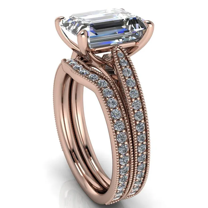 Hathaway Emerald Center Stone 4 Prong Milgrain Cathedral Engagement Ring Fire Brilliance Rings