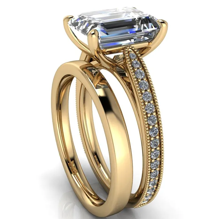 Hathaway Emerald Center Stone 4 Prong Milgrain Cathedral Engagement Ring Fire Brilliance Rings
