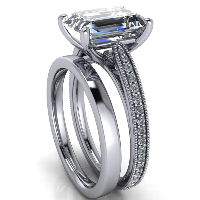 Hathaway Emerald Center Stone 4 Prong Milgrain Cathedral Engagement Ring Fire Brilliance Rings