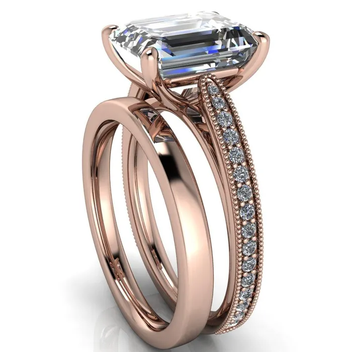 Hathaway Emerald Center Stone 4 Prong Milgrain Cathedral Engagement Ring Fire Brilliance Rings