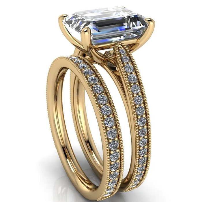 Hathaway Emerald Center Stone 4 Prong Milgrain Cathedral Engagement Ring Fire Brilliance Rings