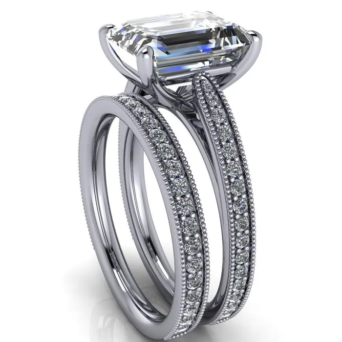 Hathaway Emerald Center Stone 4 Prong Milgrain Cathedral Engagement Ring Fire Brilliance Rings
