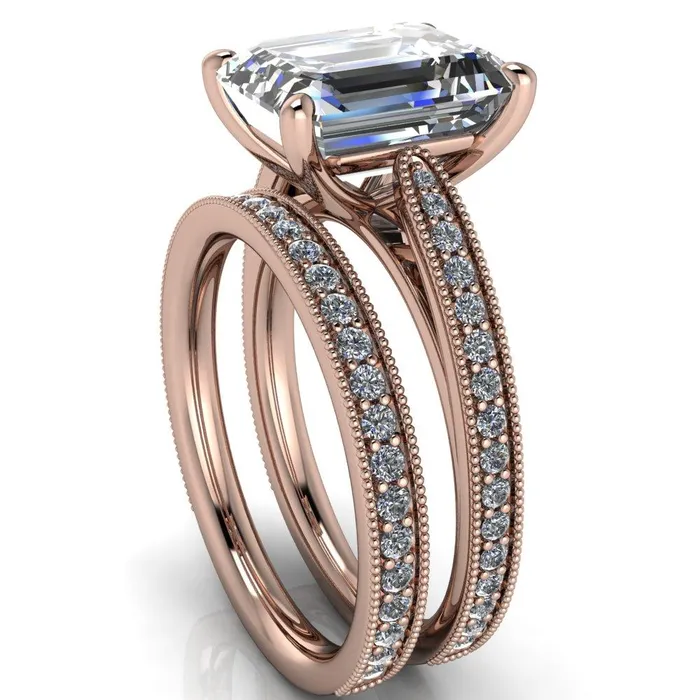 Hathaway Emerald Center Stone 4 Prong Milgrain Cathedral Engagement Ring Fire Brilliance Rings