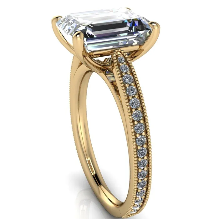 Hathaway Emerald Center Stone 4 Prong Milgrain Cathedral Engagement Ring Fire Brilliance Rings