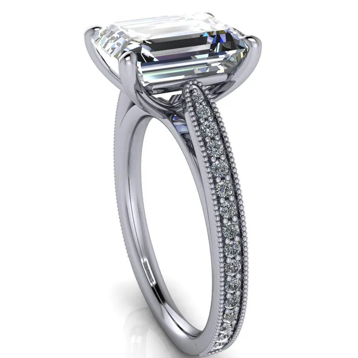 Hathaway Emerald Center Stone 4 Prong Milgrain Cathedral Engagement Ring Fire Brilliance Rings