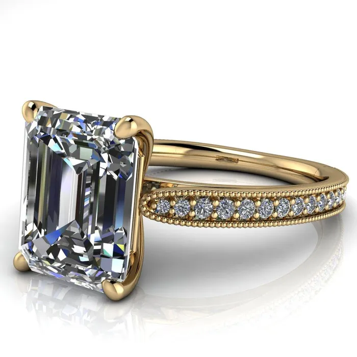 Hathaway Emerald Center Stone 4 Prong Milgrain Cathedral Engagement Ring Fire Brilliance Rings