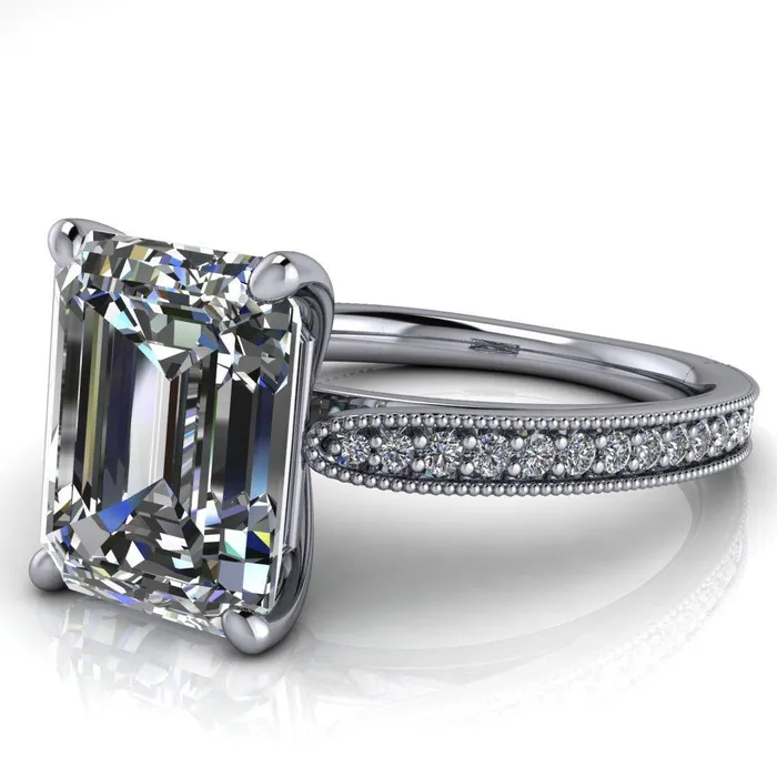 Hathaway Emerald Center Stone 4 Prong Milgrain Cathedral Engagement Ring Fire Brilliance Rings