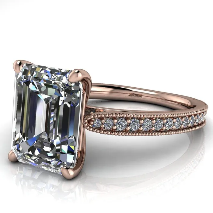Hathaway Emerald Center Stone 4 Prong Milgrain Cathedral Engagement Ring Fire Brilliance Rings