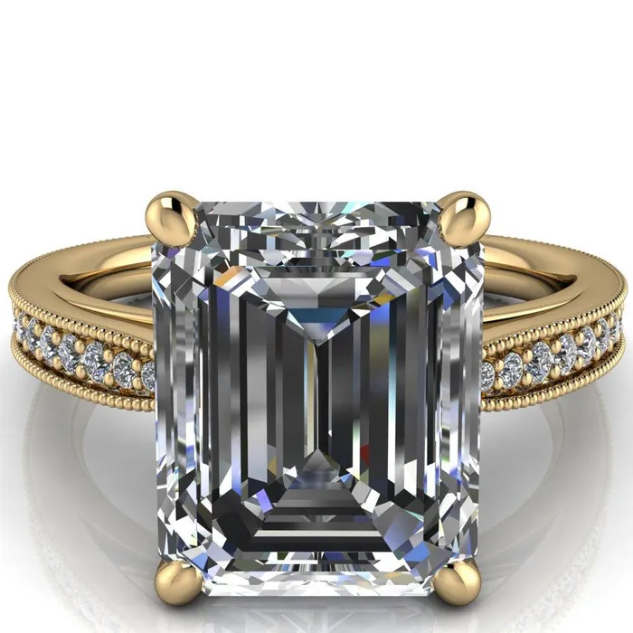 Hathaway Emerald Center Stone 4 Prong Milgrain Cathedral Engagement Ring Fire Brilliance Rings
