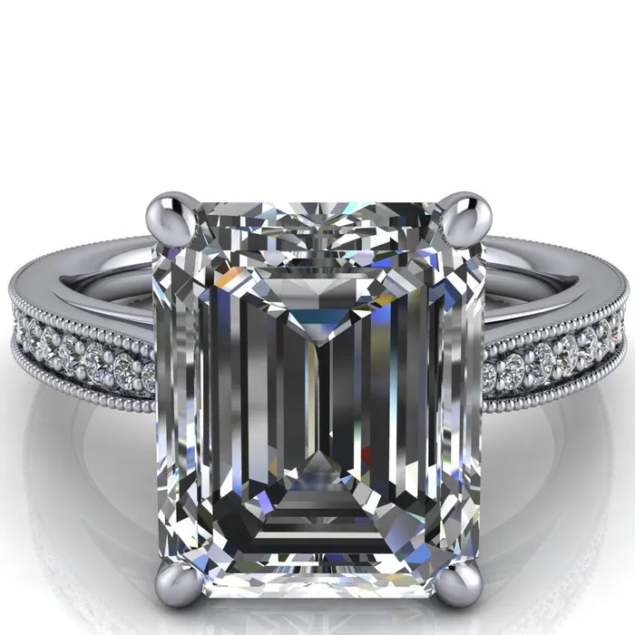 Hathaway Emerald Center Stone 4 Prong Milgrain Cathedral Engagement Ring Fire Brilliance Rings