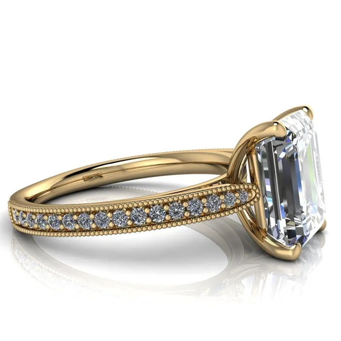 Hathaway Emerald Center Stone 4 Prong Milgrain Cathedral Engagement Ring Fire Brilliance Rings