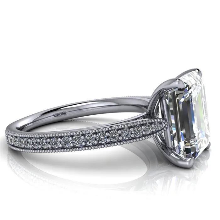 Hathaway Emerald Center Stone 4 Prong Milgrain Cathedral Engagement Ring Fire Brilliance Rings