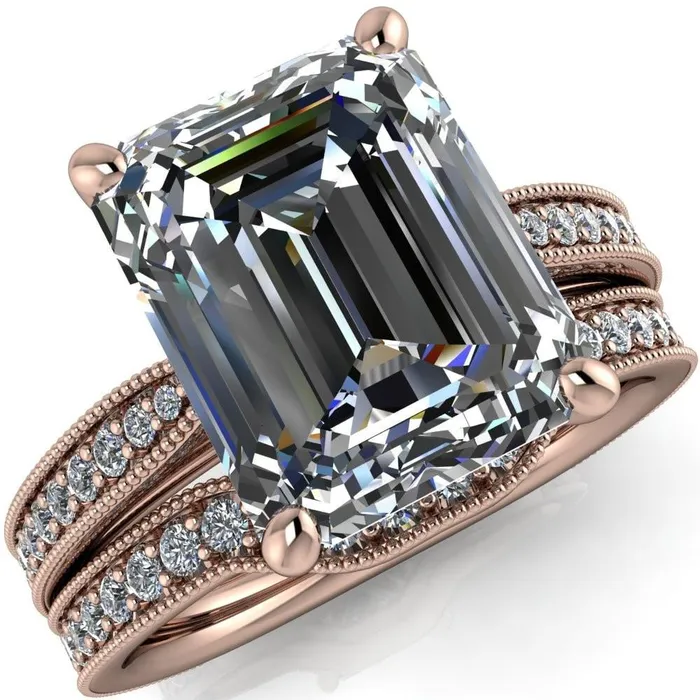 Hathaway Emerald Center Stone 4 Prong Milgrain Cathedral Engagement Ring Fire Brilliance Rings