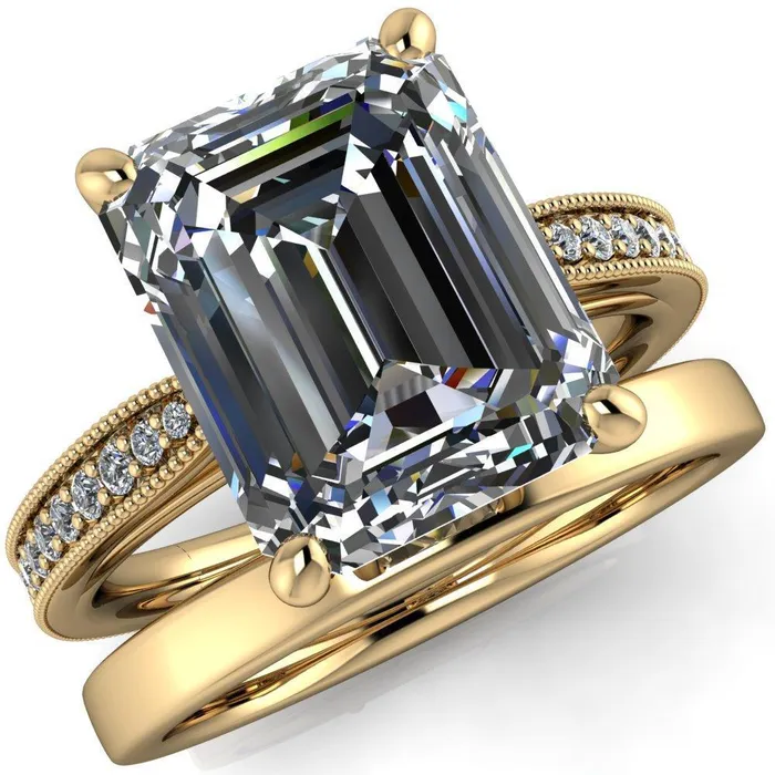 Hathaway Emerald Center Stone 4 Prong Milgrain Cathedral Engagement Ring Fire Brilliance Rings