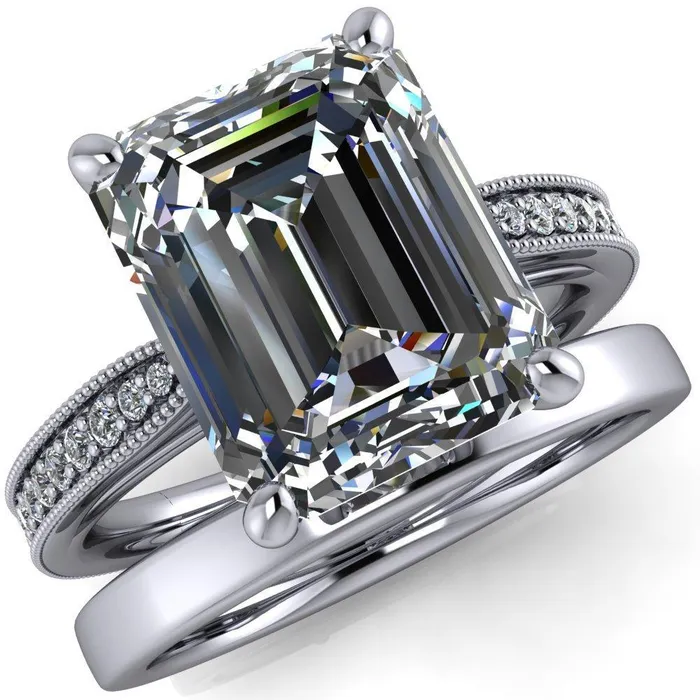 Hathaway Emerald Center Stone 4 Prong Milgrain Cathedral Engagement Ring Fire Brilliance Rings