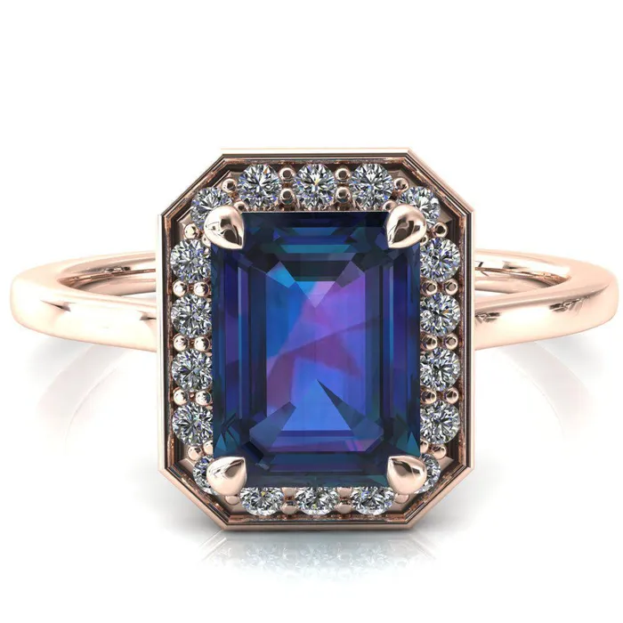 Holly Emerald Alexandrite 4 Prong Pinpoint Floating Halo Scalloped Cathedral Ring Fire Brilliance Rings