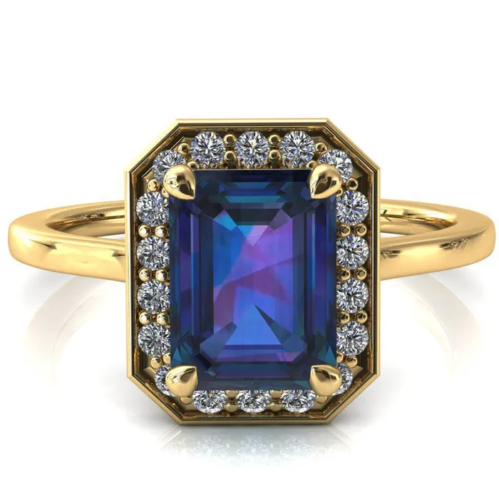 Holly Emerald Alexandrite 4 Prong Pinpoint Floating Halo Scalloped Cathedral Ring Fire Brilliance Rings