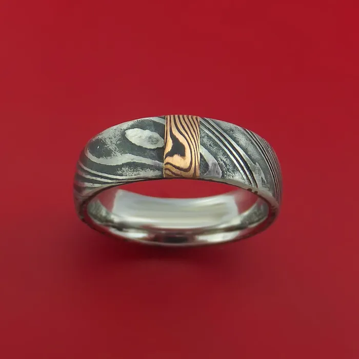 Kuro Damascus Steel Ring with 14k Rose Gold Mokume Shakudo Inlay Custom Made Band Lashbrook Rings Kuro Damascus Steel Ring with 14k Rose Gold Mokume Shakudo Inlay Custom Made Band Lashbrook Rings