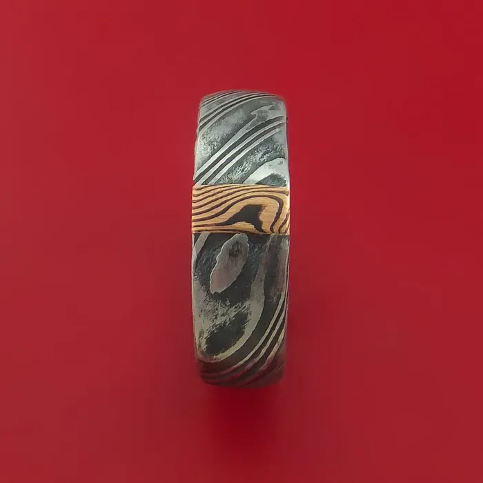 Kuro Damascus Steel Ring with 14k Rose Gold Mokume Shakudo Inlay Custom Made Band Lashbrook Rings Kuro Damascus Steel Ring with 14k Rose Gold Mokume Shakudo Inlay Custom Made Band Lashbrook Rings
