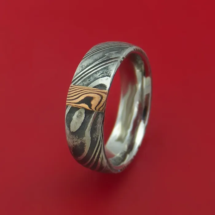 Kuro Damascus Steel Ring with 14k Rose Gold Mokume Shakudo Inlay Custom Made Band Lashbrook Rings Kuro Damascus Steel Ring with 14k Rose Gold Mokume Shakudo Inlay Custom Made Band Lashbrook Rings