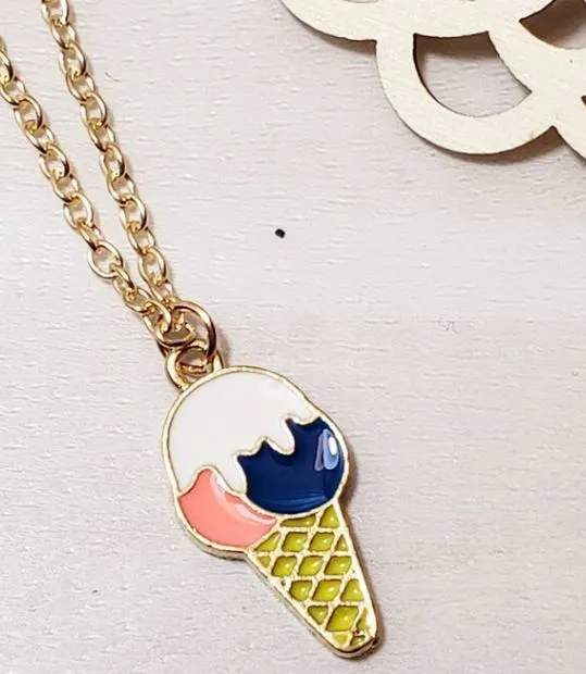 L488 Gold Baked Enamel Ice Cream Cone Necklace FREE Earrings polly Earrings