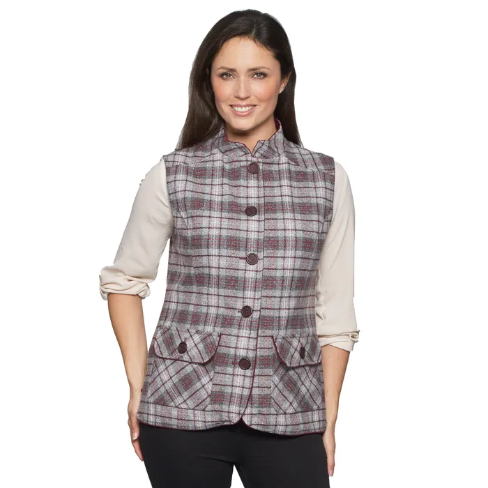 Ladies Wine Tweed Gilet David Barry Earrings