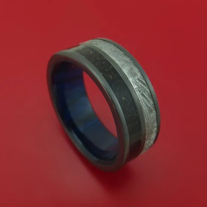 Lashbrook Black Zirconium Ring with Gibeon Meteorite and Dinosaur Bone Inlays and Interior Hardwood Sleeve Custom Made Band Rings