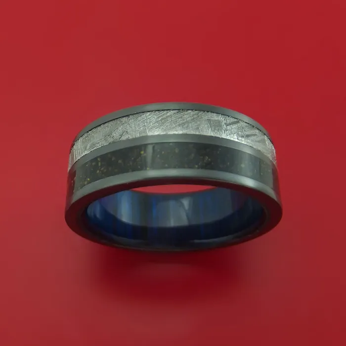 Lashbrook Black Zirconium Ring with Gibeon Meteorite and Dinosaur Bone Inlays and Interior Hardwood Sleeve Custom Made Band Rings Lashbrook Black Zirconium Ring with Gibeon Meteorite and Dinosaur Bone Inlays and Interior Hardwood Sleeve Custom Made Band Rings